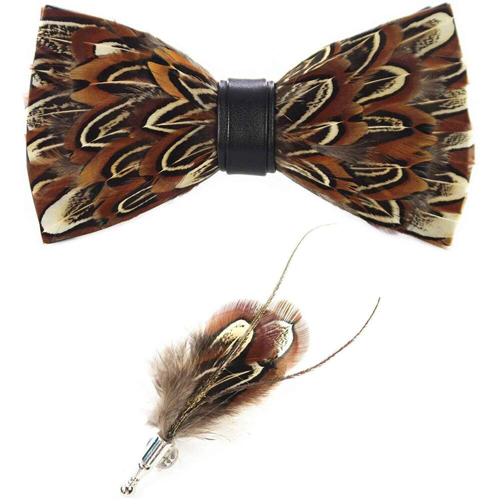 4554 Feather Bow Tie Peacock Pre-tied Bow tie Brooch Sets Tuxedo Banquet